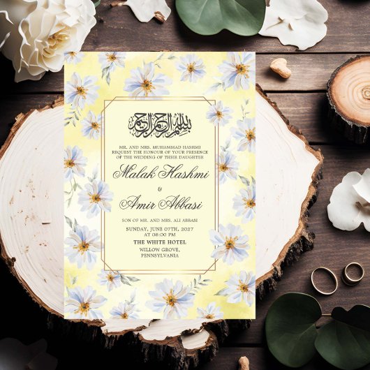 Invitation Floral blanc et Mariage musulman jaune