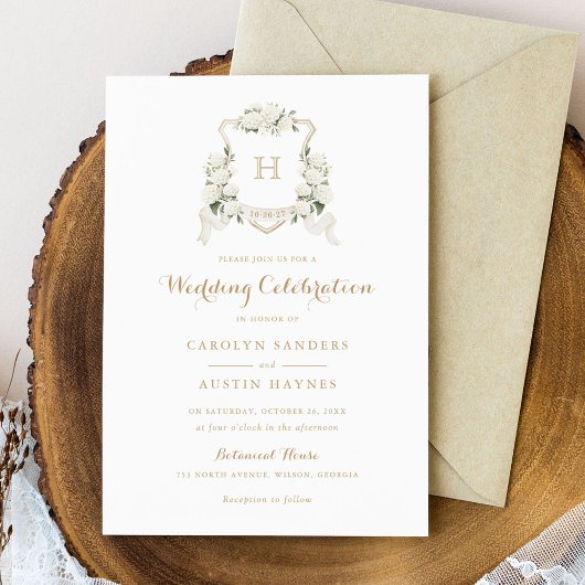 Invitation Floral Blanc Hydrangea Crest Or Monogramme Mariage