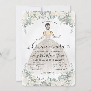 Invitation Floral blanc ivoire princesse Anniversaire Quincea