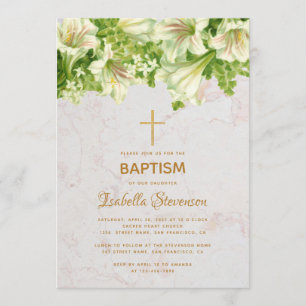 Invitation Floral Blanc Lilies Marbre Gold Cross Baptême