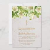 Invitation Floral Blanc Lilies Marbre Première Communion Sain (Devant)