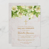 Invitation Floral Blanc Lilies Marbre Première Communion Sain (Devant / Derrière)