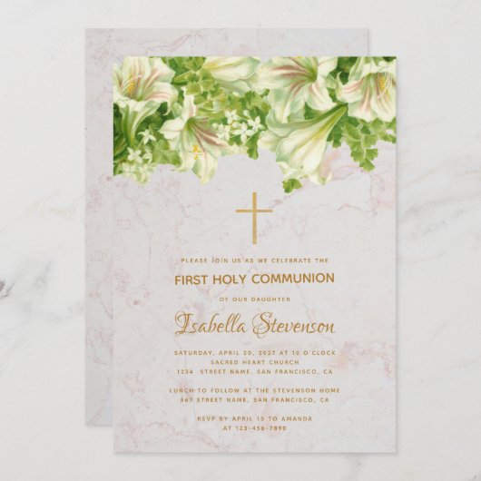 Invitation Floral Blanc Lilies Marbre Première Communion Sain (Devant / Derrière)