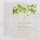 Invitation Floral Blanc Lilies Marbre Première Communion Sain (Devant / Derrière)