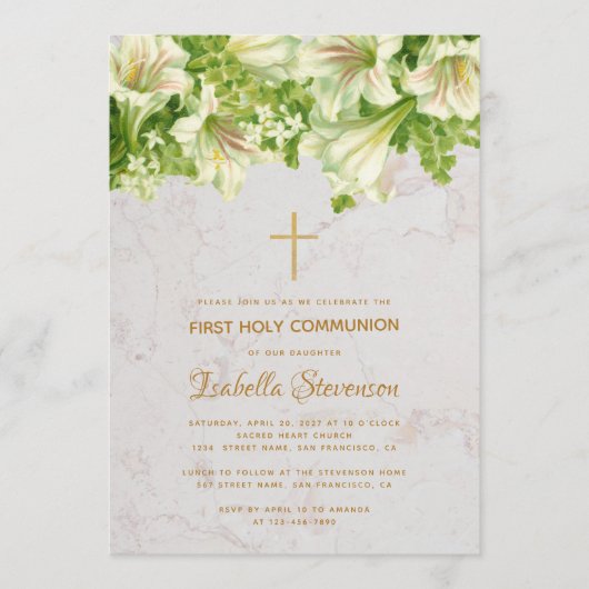 Invitation Floral Blanc Lilies Marbre Première Communion Sain (Devant)