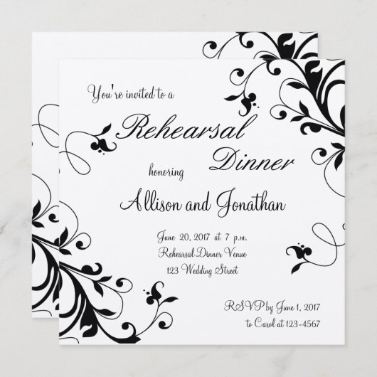 Invitation floral blanc noir de dîner de (Devant / Derrière)