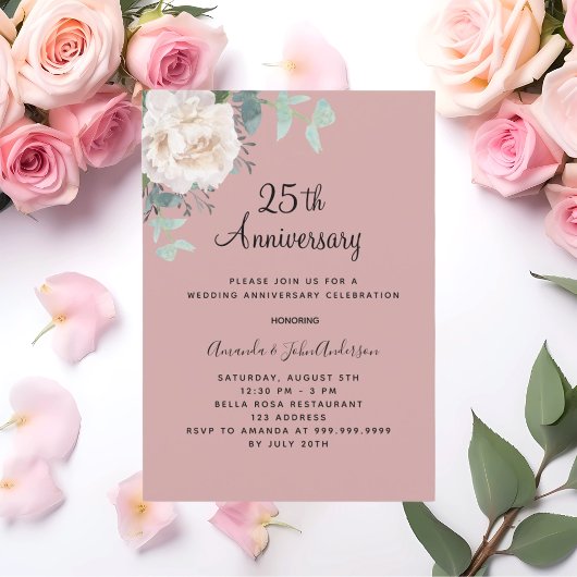 Invitation Floral blanc poussiéreux rose 25e anniversaire mar