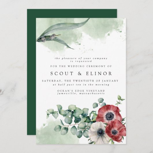 Invitation Floral blanc rouge avec Mariage Feuille Eucalyptus (Devant / Derrière)