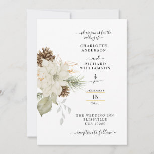 Invitation Floral blanc rustique avec Pinecone
