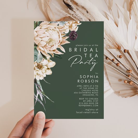 Invitation Floral blanc | Soirée de thé de mariée vert foncé