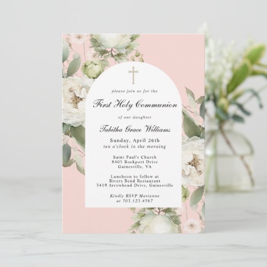 Invitation Floral blanc sur la première sainte communion rose (Debout devant)