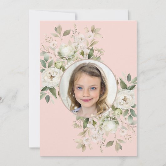 Invitation Floral blanc sur la première sainte communion rose (Dos)