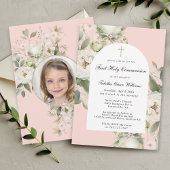 Invitation Floral blanc sur la première sainte communion rose