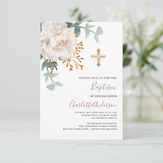 Invitation Floral blanc verdure or croix baptême (Debout devant)