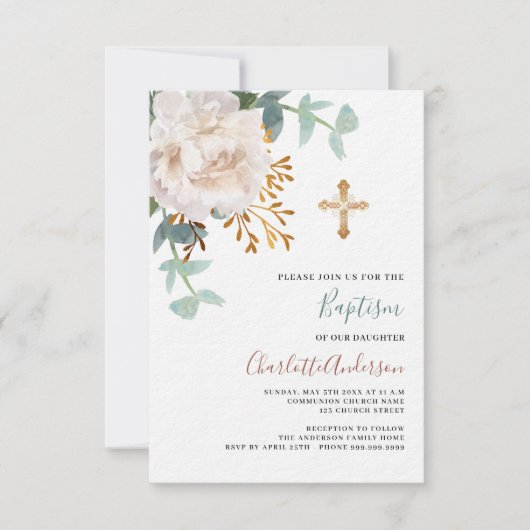 Invitation Floral blanc verdure or croix luxe baptême (Devant)