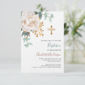 Invitation Floral blanc verdure or croix luxe baptême (Debout devant)