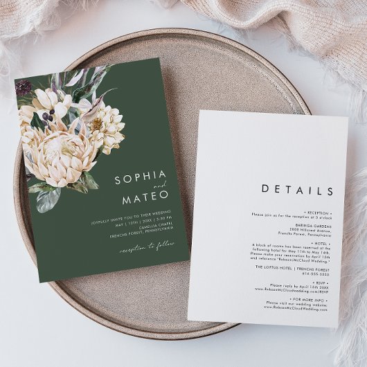 Invitation Floral blanc | Vert foncé Tout en un Mariage