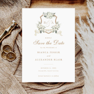 Invitation Floral Blanc Vert Sage Crest Enregistrer la date