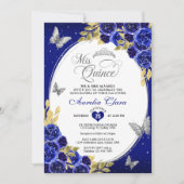 Invitation Floral Bleu Argent Tiara Papillon Mis Quinceañera (Devant)