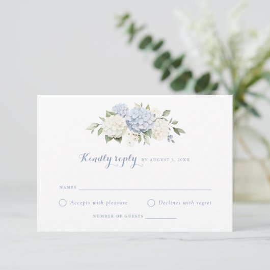 Invitation Floral Bleu Blanc Hydrangée Mariage RSVP (Debout devant)