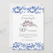 Invitation Floral Bleu Blanc Joyeux Anniversaire (Devant)