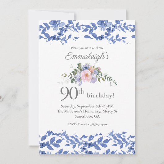 Invitation Floral Bleu Blanc Joyeux Anniversaire (Devant)