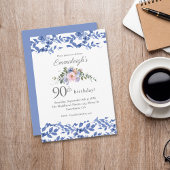 Invitation Floral Bleu Blanc Joyeux Anniversaire