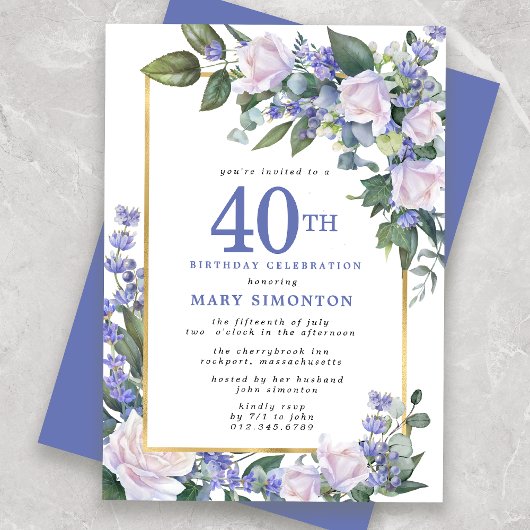 Invitation Floral bleu blanc or 40e anniversaire