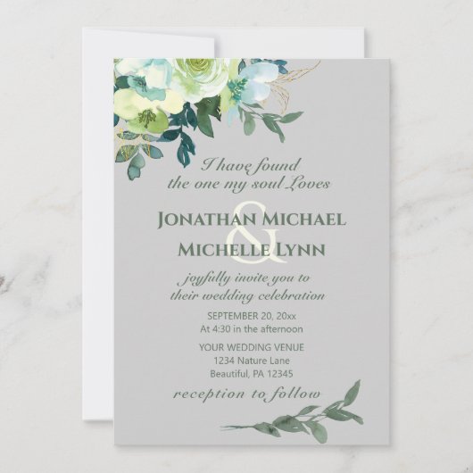 Invitation Floral Bleu Blanc Or Turquoise Mariage chrétien (Devant)