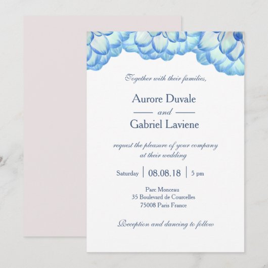 Invitation Floral bleu blanc roux fleurs pétales mariage (Devant / Derrière)