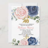 Invitation Floral bleu bleu marine rose pâle 40e anniversaire (Devant)
