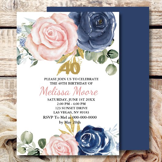 Invitation Floral bleu bleu marine rose pâle 40e anniversaire