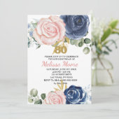 Invitation Floral bleu bleu marine rose pâle 80e anniversaire (Debout devant)