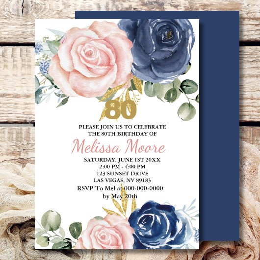 Invitation Floral bleu bleu marine rose pâle 80e anniversaire