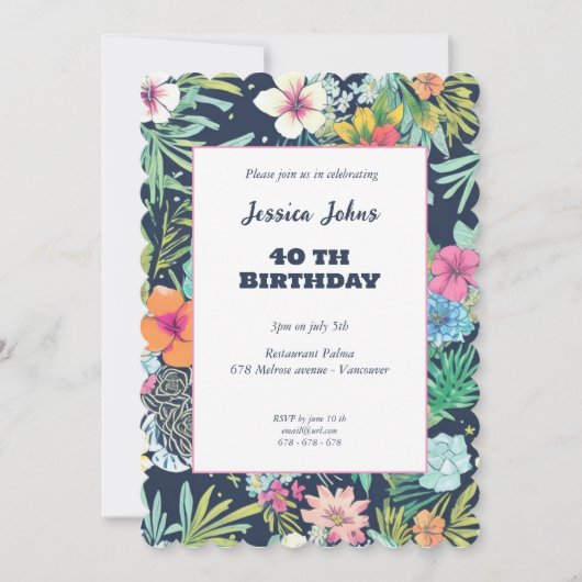 Invitation Floral bleu cactus verdure 40e (Devant)