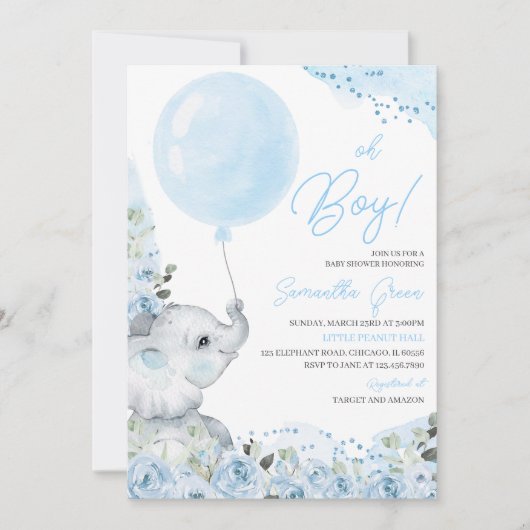 Invitation Floral bleu C'est un Baby shower éléphant garçon (Devant)