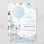 Invitation Floral bleu C'est un Baby shower éléphant garçon (Devant / Derrière)