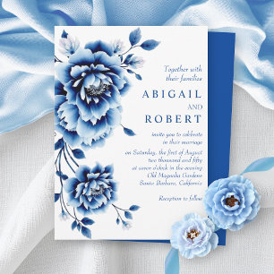 Invitation Floral bleu Chinoiserie fleurs de pivoine mariage