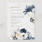 Invitation Floral bleu d'hiver sur Mariage blanc marbré (Devant)