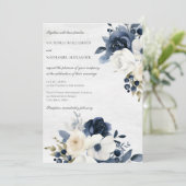 Invitation Floral bleu d'hiver sur Mariage blanc marbré (Debout devant)