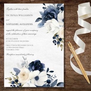 Invitation Floral bleu d'hiver sur Mariage blanc marbré