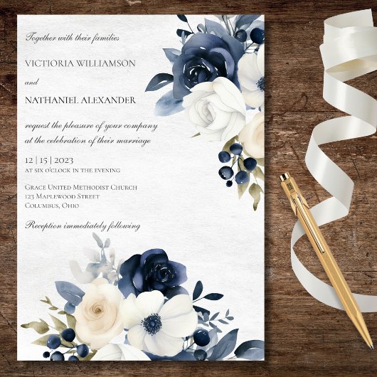 Invitation Floral bleu d'hiver sur Mariage blanc marbré