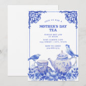 Invitation Floral bleu et blanc |Invitation au thé de la fête (Devant / Derrière)