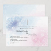 Invitation Floral bleu et rose religieux (Devant / Derrière)