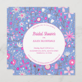 Invitation Floral Bleu Fête des mariées moderne (Devant / Derrière)