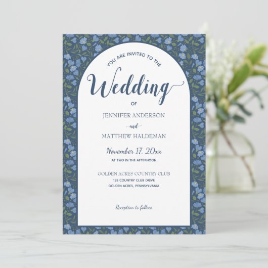 Invitation Floral Bleu, Fleurs Delphinium Mariage forme arc (Debout devant)