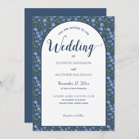 Invitation Floral Bleu, Fleurs Delphinium Mariage forme arc (Devant / Derrière)