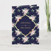Invitation Floral bleu foncé tout en un Mariage indien d'or (Devant)