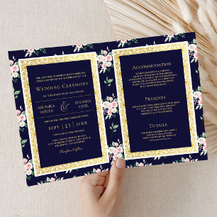 Invitation Floral bleu foncé tout en un Mariage indien d'or