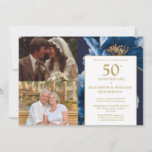 Invitation Floral bleu hier et aujourd'hui 50e anniversaire 2